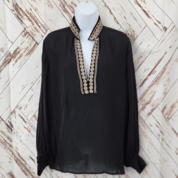 Nili Lotan Mandarin Collar Tan Embroidery Silk Blouse - Picture 1 of 6